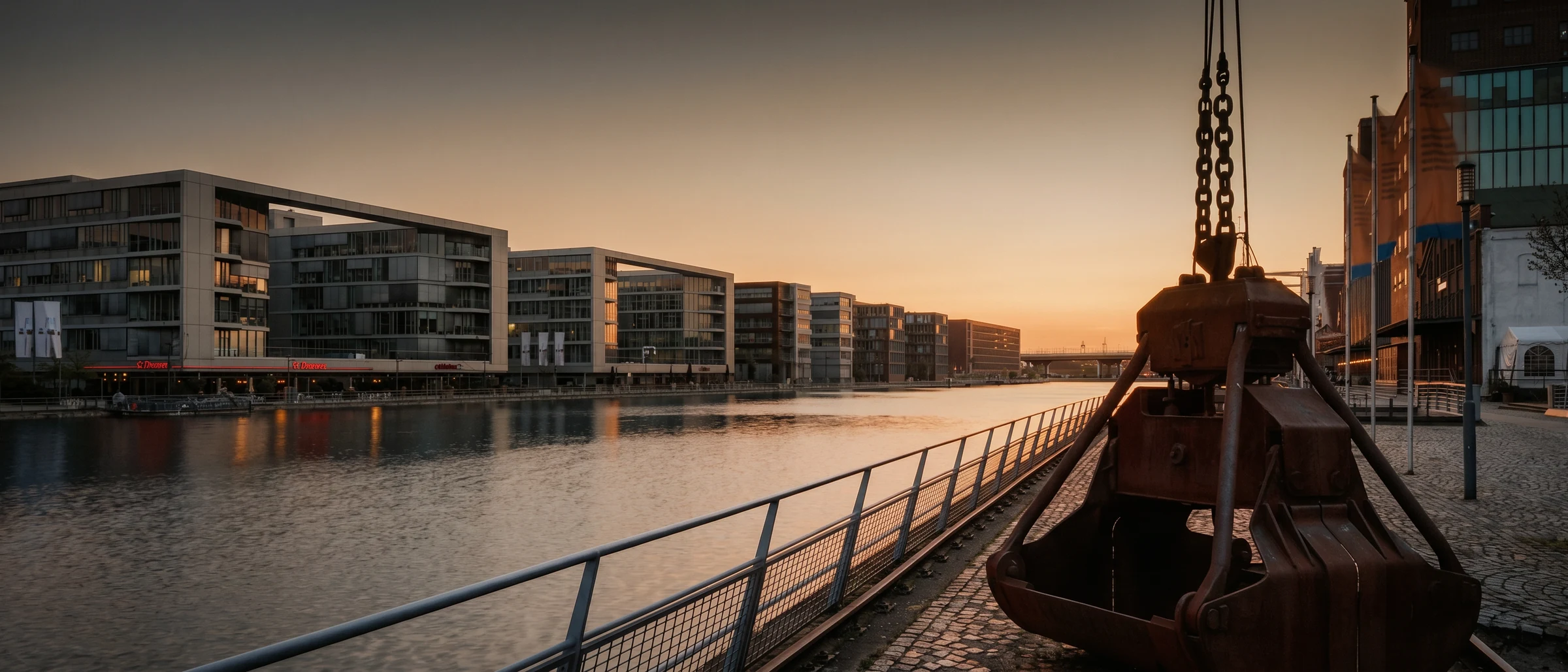 Duisburger Innenhafen in Abenddämmerung — Industrie-Architektur, gedämpfte Atmosphäre