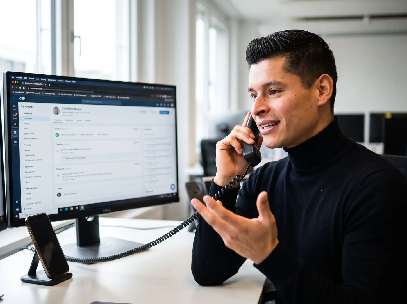 Marcel Avalos telefoniert an seinem Schreibtisch, auf dem Bildschirm das Recruiting-CRM