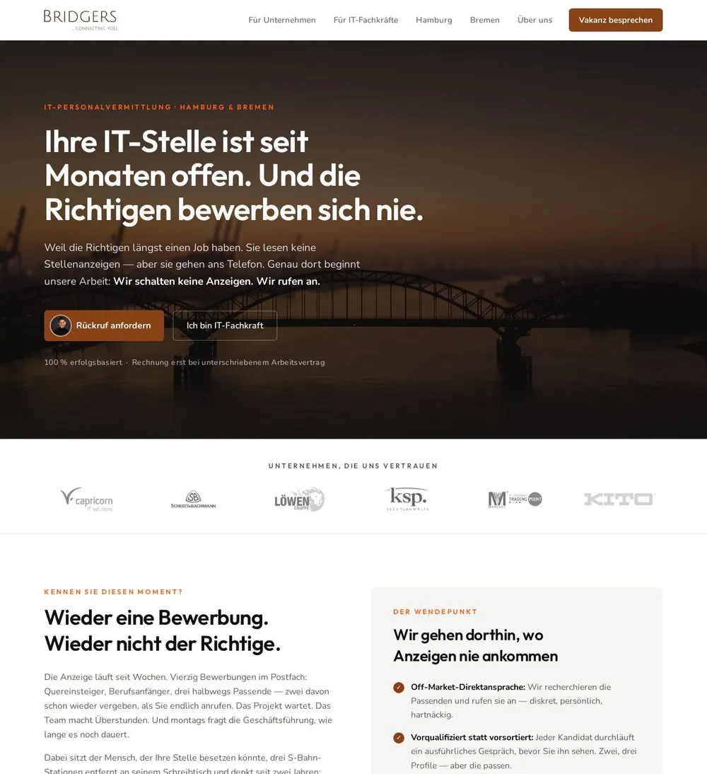 Startseite von Bridgers: „Ihre IT-Stelle ist seit Monaten offen. Und die Richtigen bewerben sich nie.“