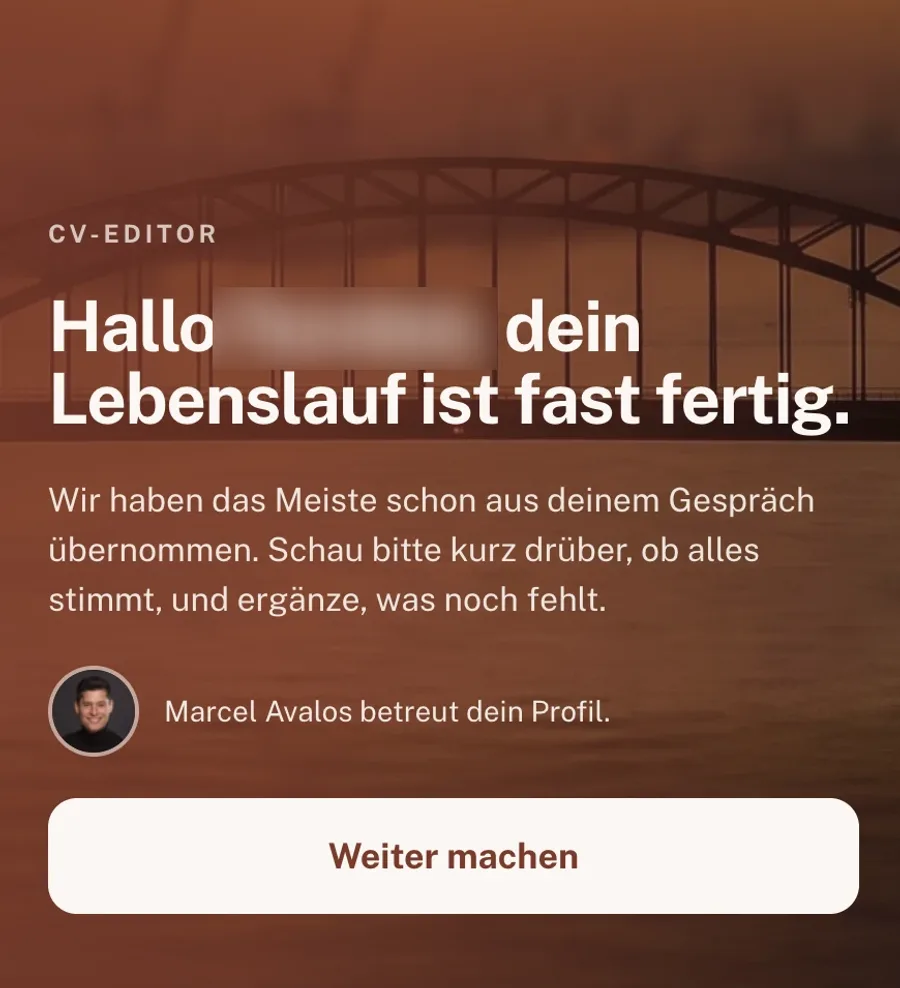 CV-Editor am Handy: „Dein Lebenslauf ist fast fertig“, Marcel Avalos betreut das Profil