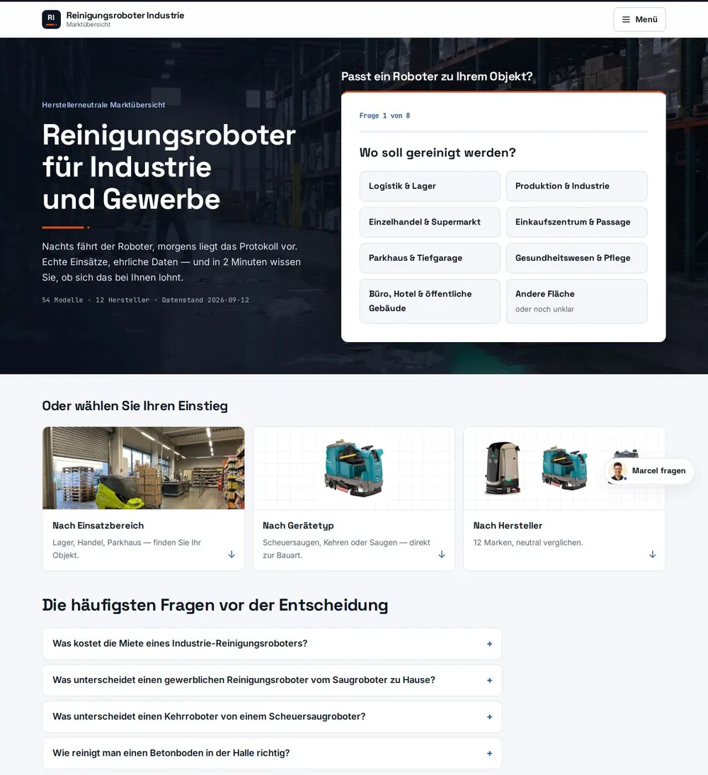 Startseite von Reinigungsroboter Industrie: herstellerneutrale Marktübersicht mit Fragebogen