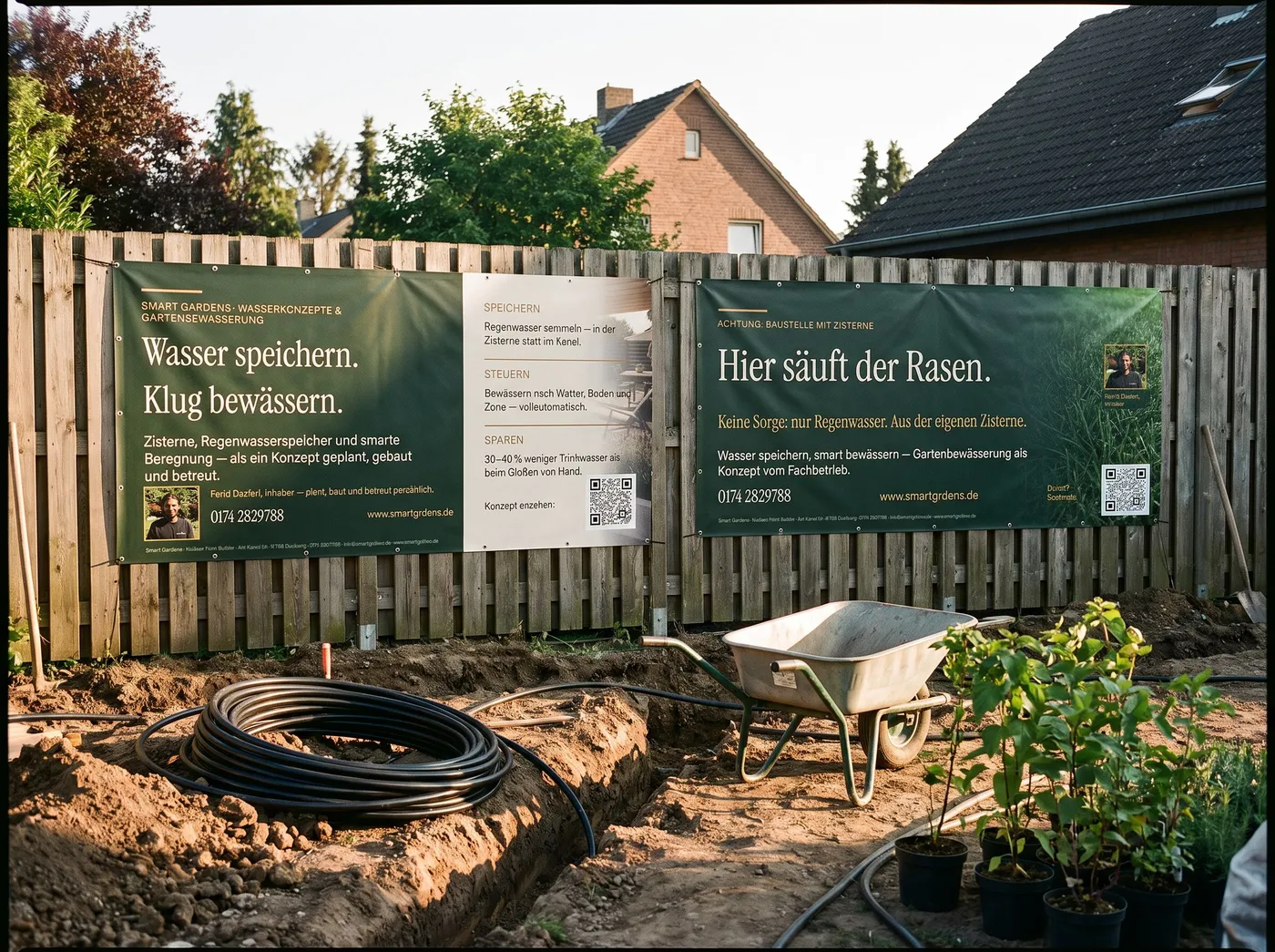 Die beiden Smart-Gardens-Banner am Bauzaun einer Kundenbaustelle