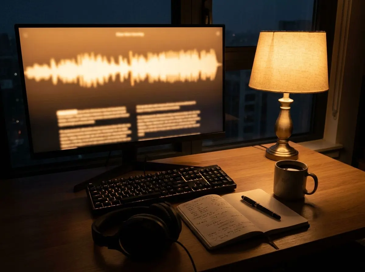 Schreibtisch am Abend mit Bildschirm, Kopfhörer und Notizbuch