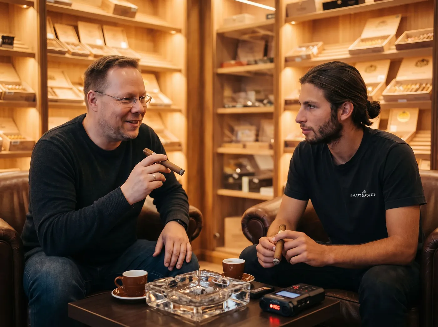 Stefan Haab und Ferid Dzaferi mit Zigarre in den Ledersesseln der Cigarworld-Lounge, auf dem Tisch das Aufnahmegerät