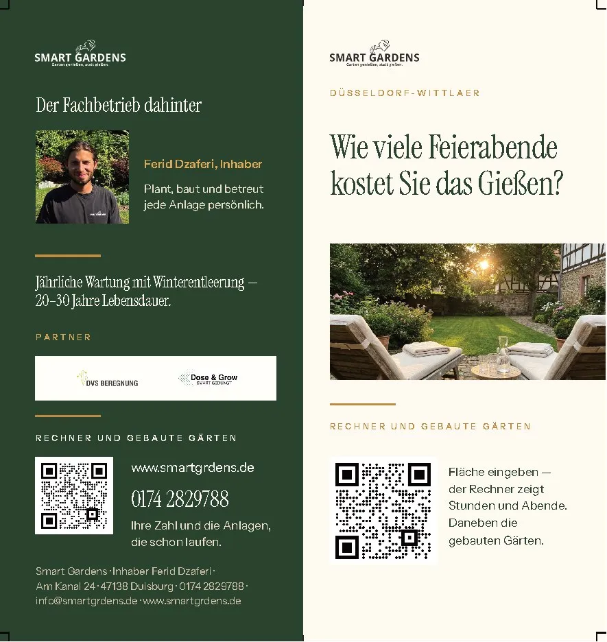Postwurf-Flyer Düsseldorf-Wittlaer, Außenseite: „Wie viele Feierabende kostet Sie das Gießen?“