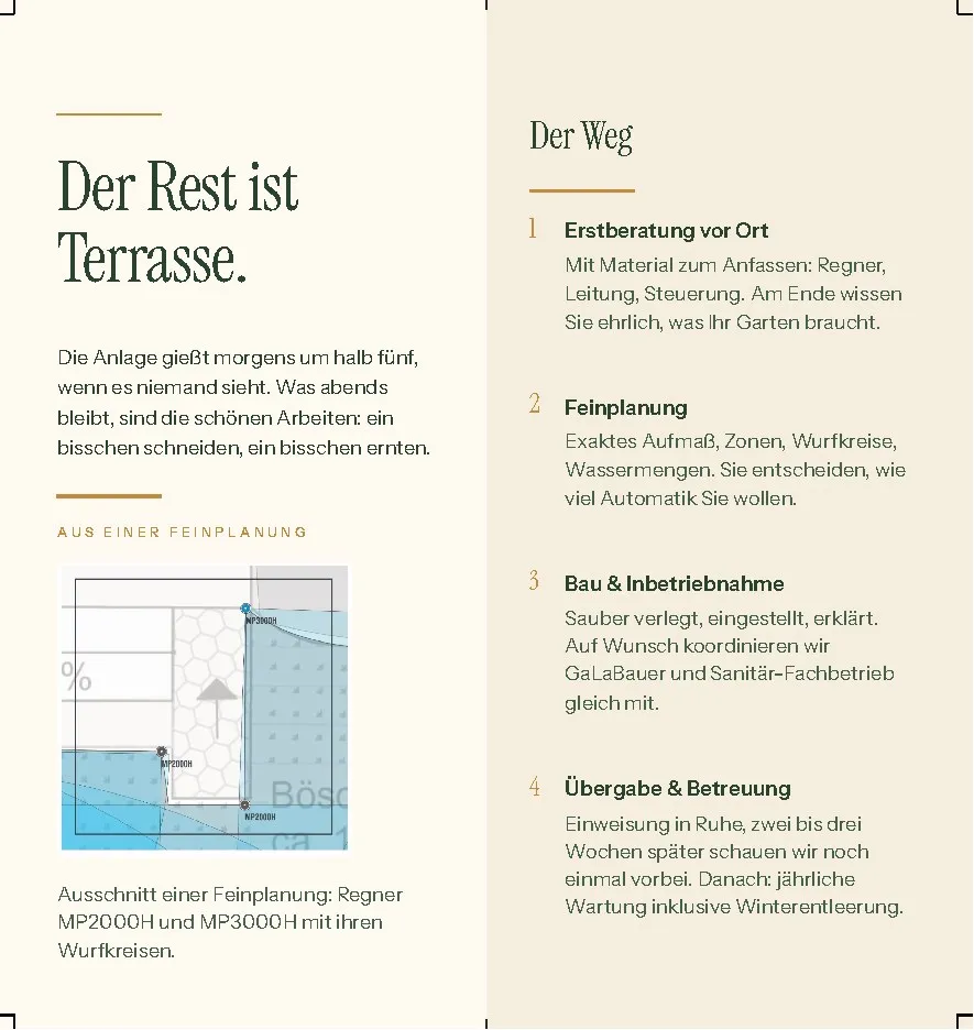 Postwurf-Flyer, Innenseite: „Der Rest ist Terrasse.“ und der Weg in vier Schritten