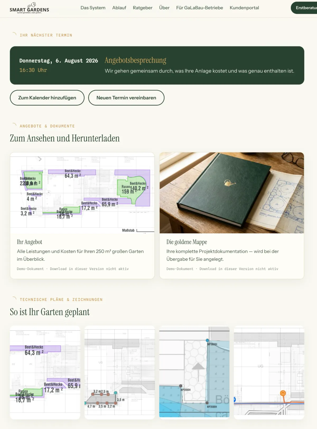 Kundenportal: nächster Termin, Angebot, goldene Mappe und technische Pläne