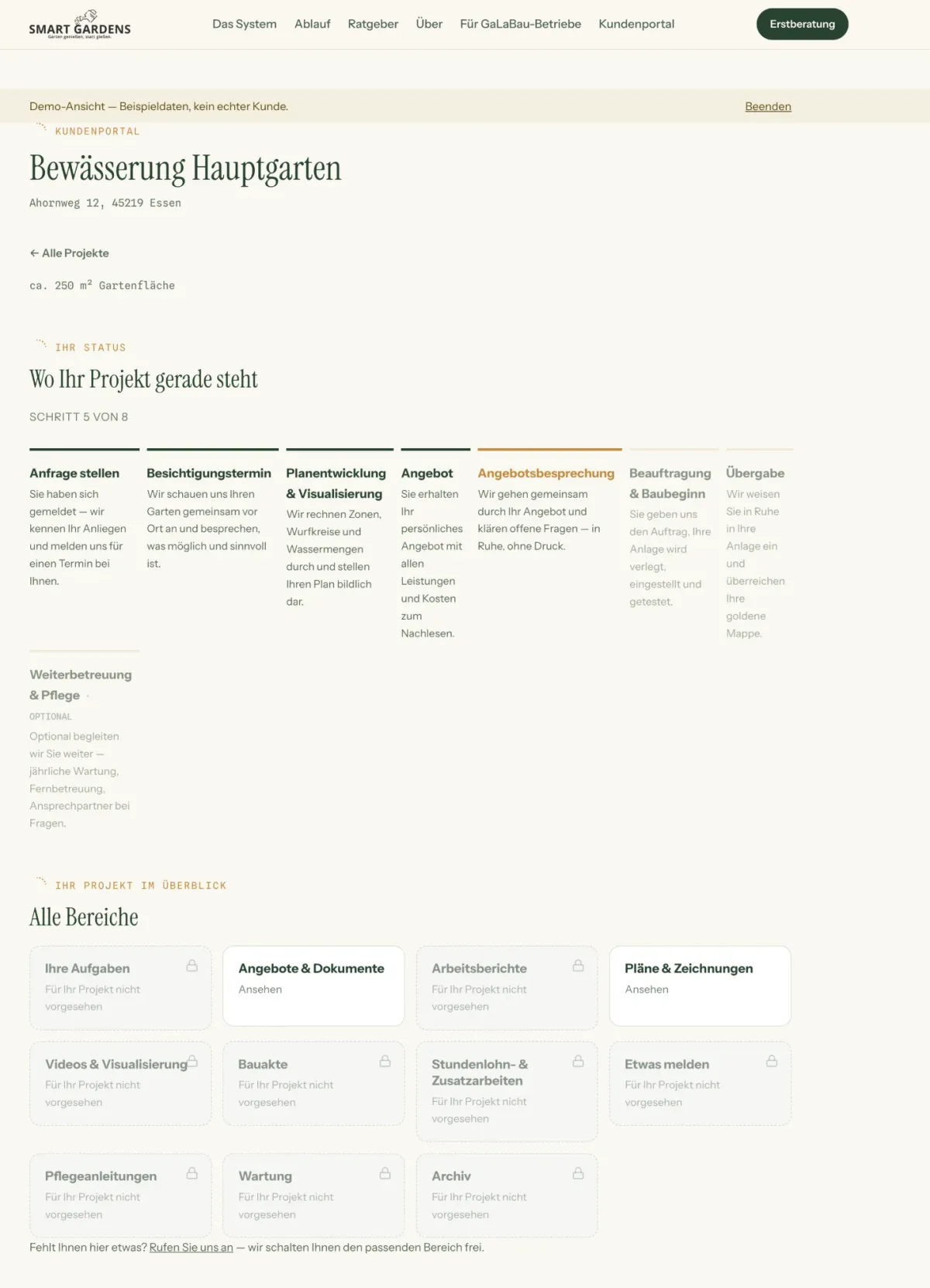 Kundenportal: Projektstatus Schritt 5 von 8, Angebotsbesprechung