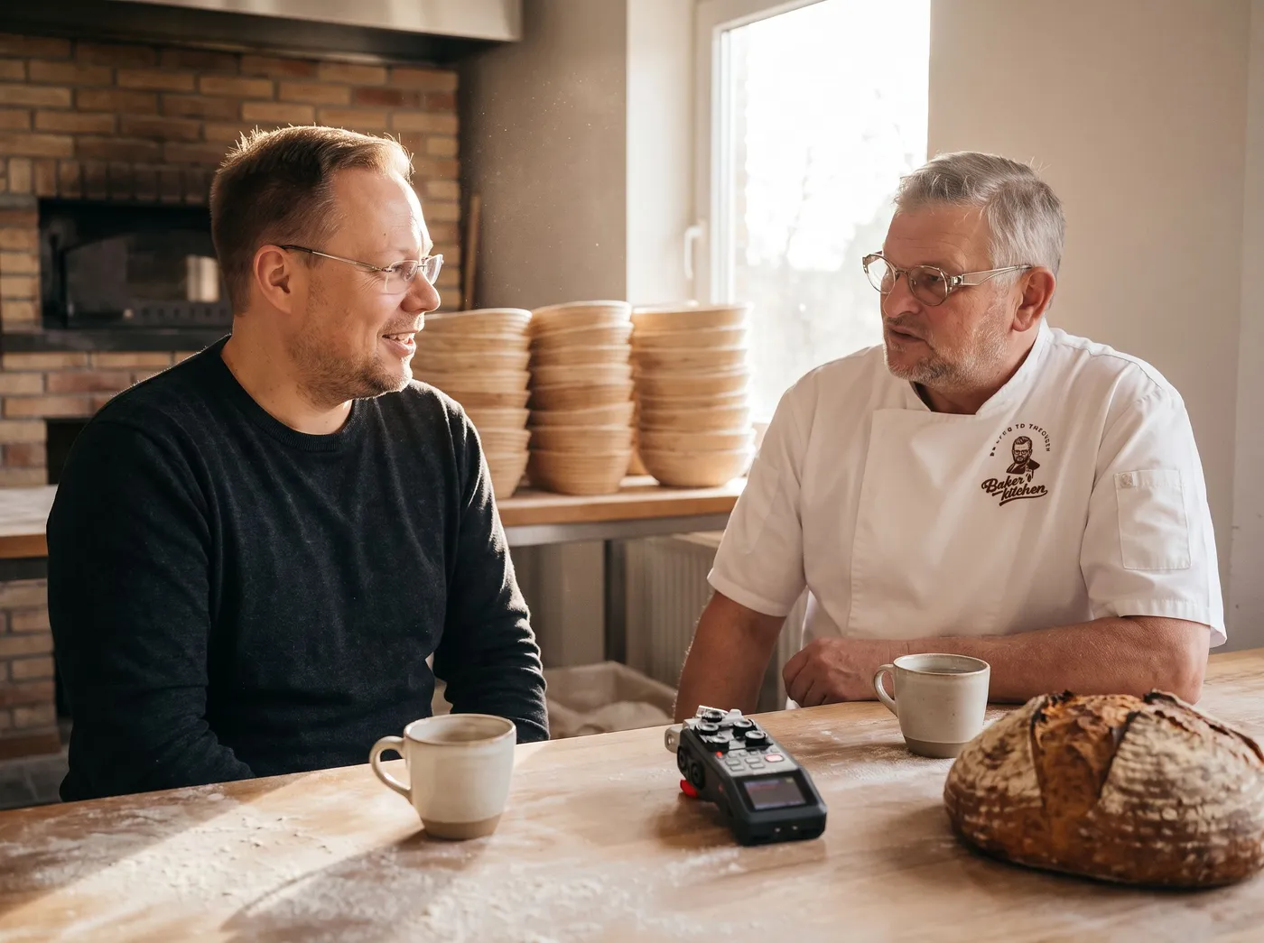 Stefan Haab und Sven Mostegl am Holztisch in der Backstube, dazwischen das Aufnahmegerät und ein Brotlaib