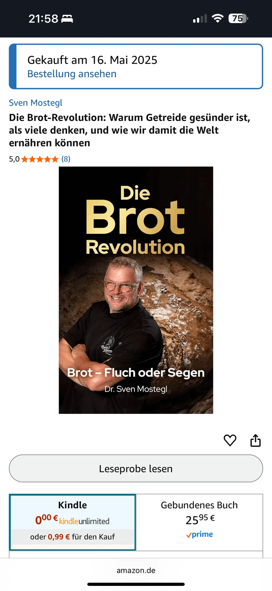 Amazon-Seite „Die Brot-Revolution“ mit 5,0 Sternen, Kindle für 0,99 Euro, gebundenes Buch 25,95 Euro mit Prime