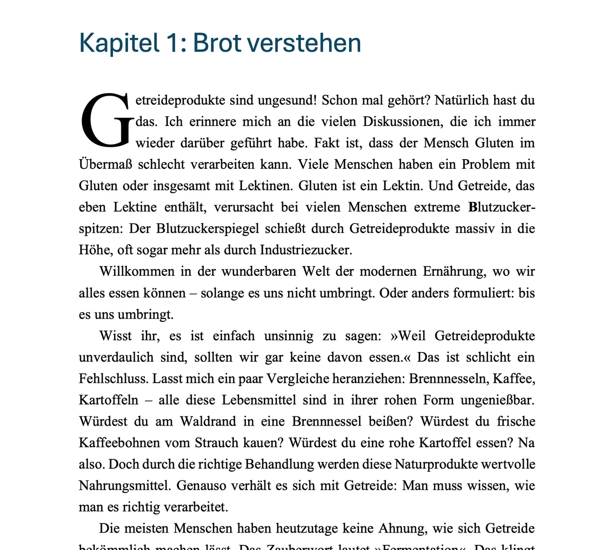 Buchseite „Kapitel 1: Brot verstehen“ mit Initial und Fließtext in Svens Sprache