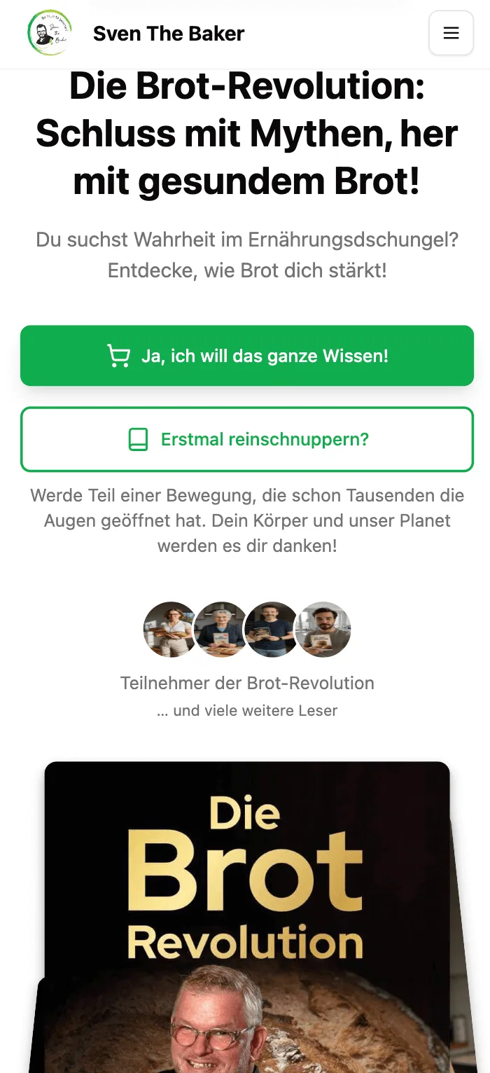 Landingpage „Sven The Baker“: „Die Brot-Revolution: Schluss mit Mythen, her mit gesundem Brot!“ mit zwei grünen Buttons