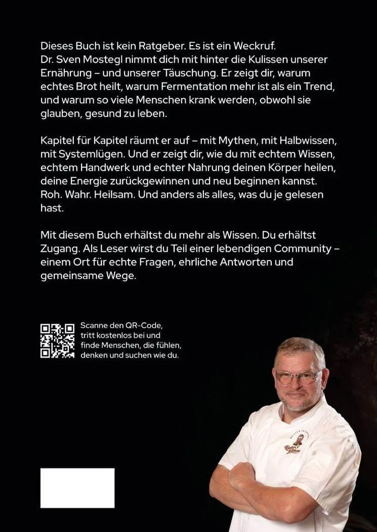 Buchrückseite mit Klappentext, QR-Code zur Community und Svens Portrait