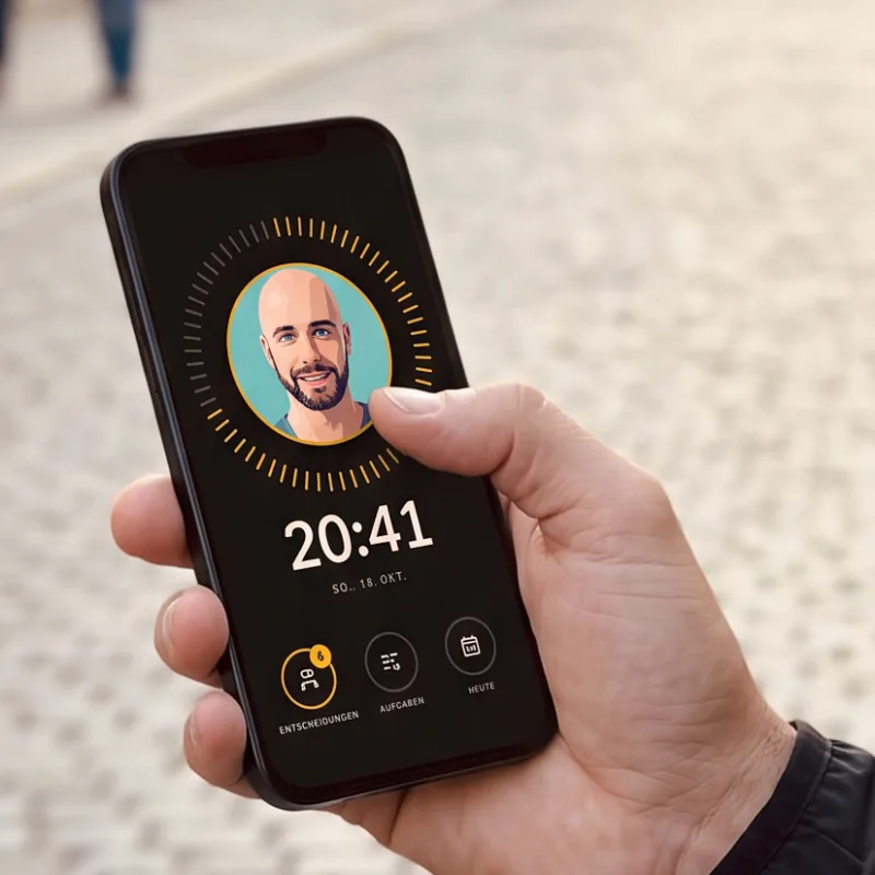 Eine Hand hält ein Handy mit Toni, Uhrzeit und drei runden Knöpfen