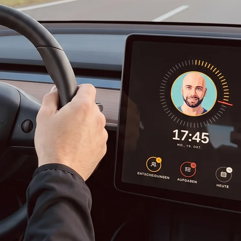 Tesla-Bildschirm mit Toni, Uhrzeit und drei runden Knöpfen, eine Hand am Lenkrad
